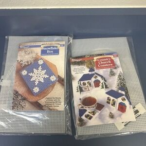 Lot Of 2 Needlecraft Shop Christmas Plastic Canvas Church Coasters Snowflake Box